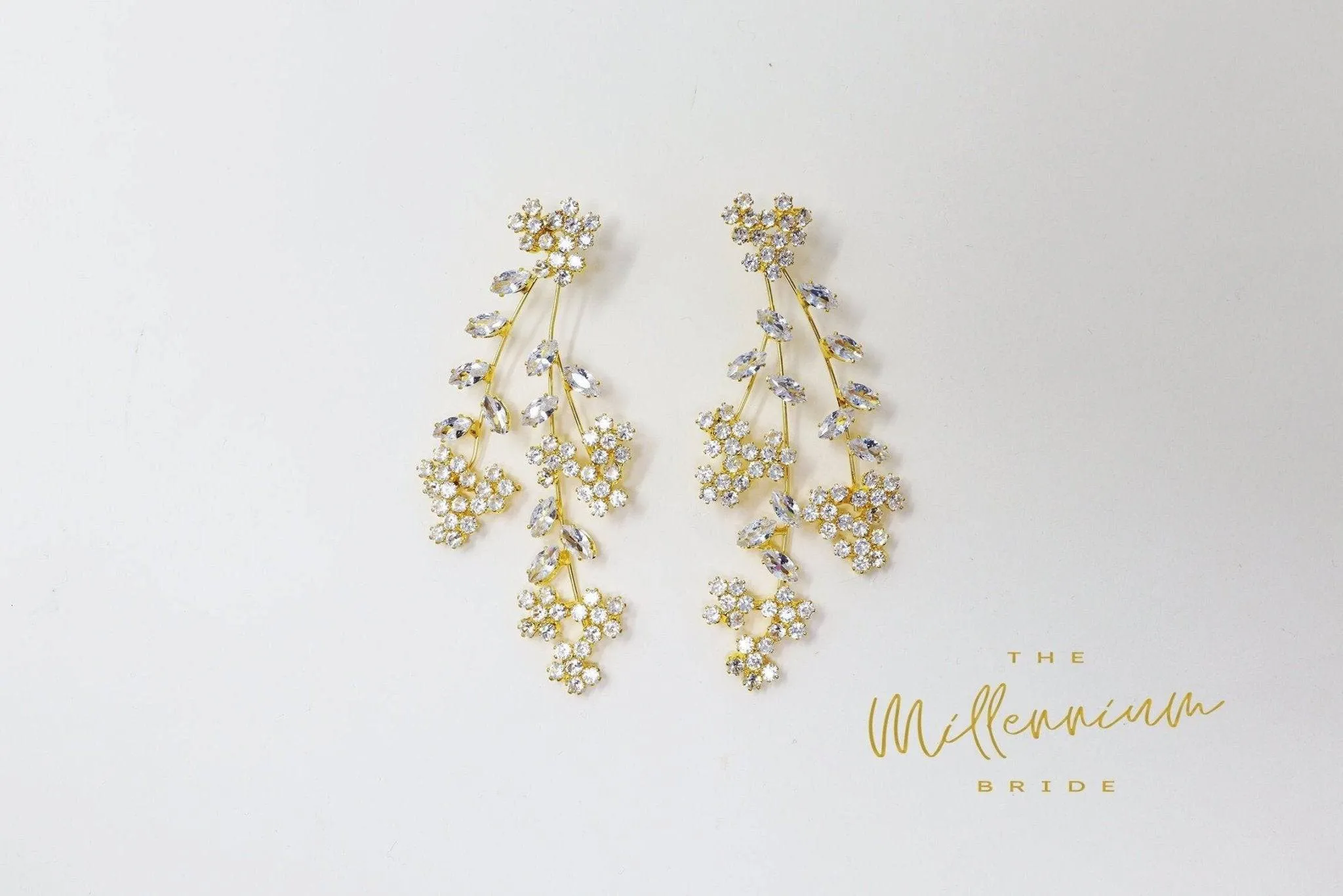 CZ Floral Three Vine Leaves Diamond Earrings, Long Bridal Earrings, Crystal Bridal Earrings, Statement Earrings, Gold Bride Earring.