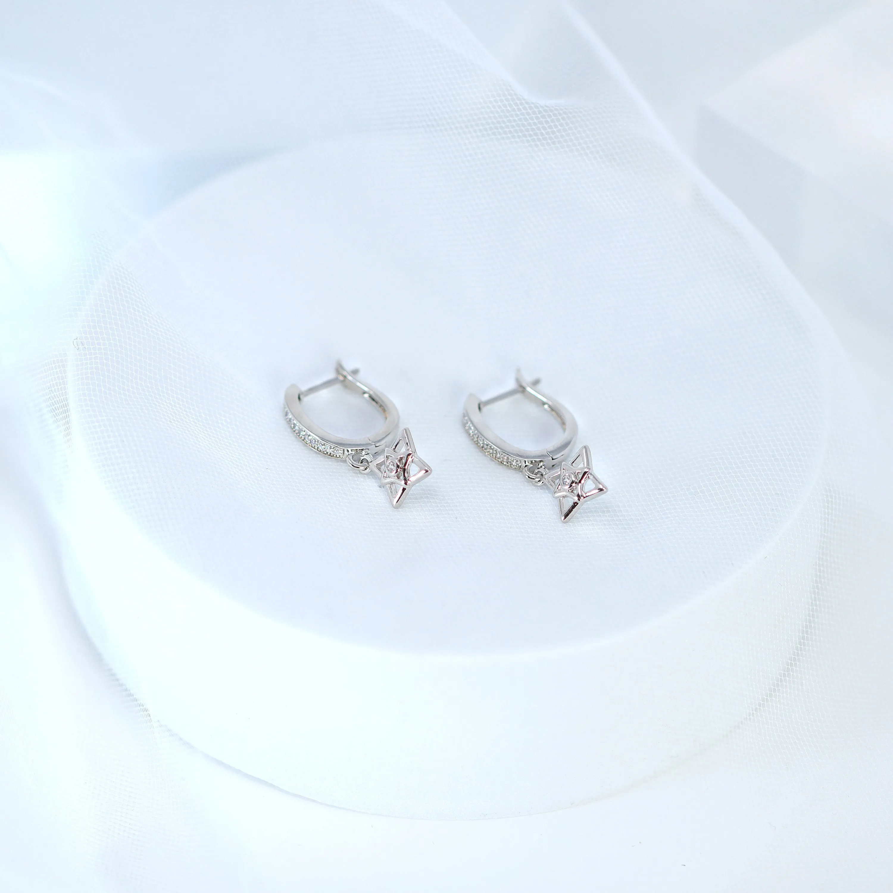 Dainty Cz Diamond Star Drop Hoop Earrings, Crystal Hoop Earrings, Statement Earrings, Rhinestones Hoop Earrings.