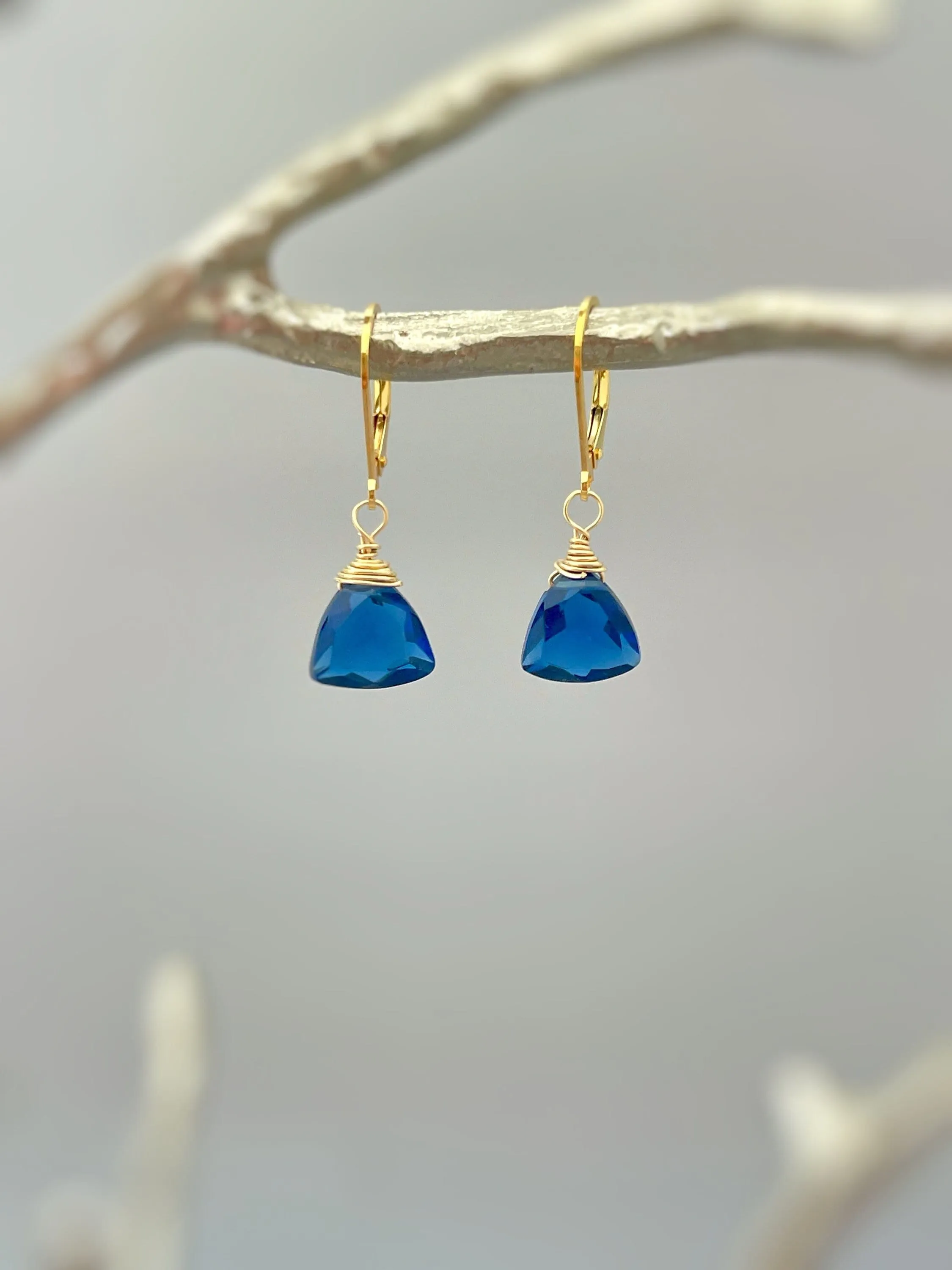 Dainty Sapphire Blue Quartz Earrings dangly 14k gold, sterling silver