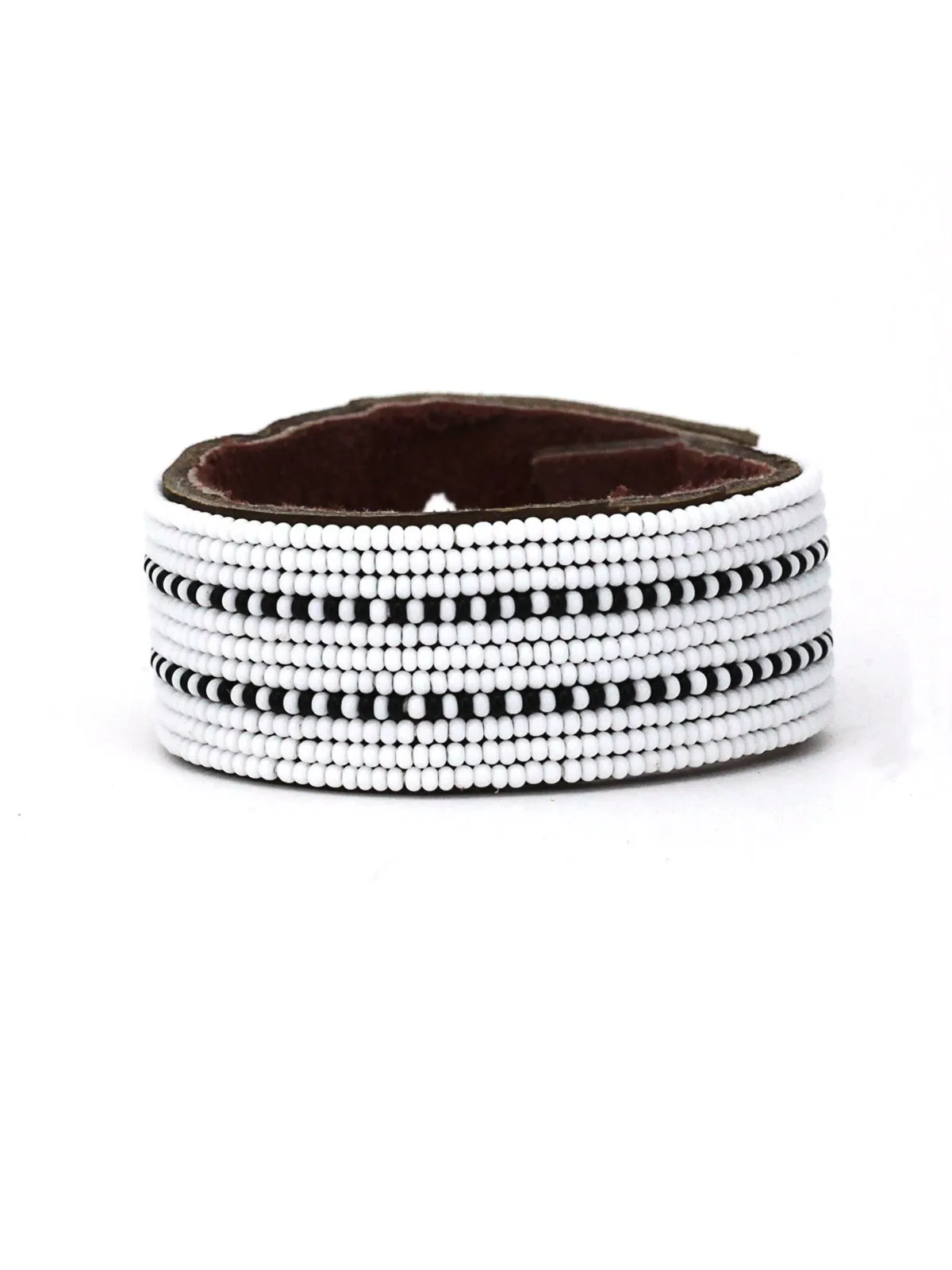 Dashes Black Beaded Leather Cuff