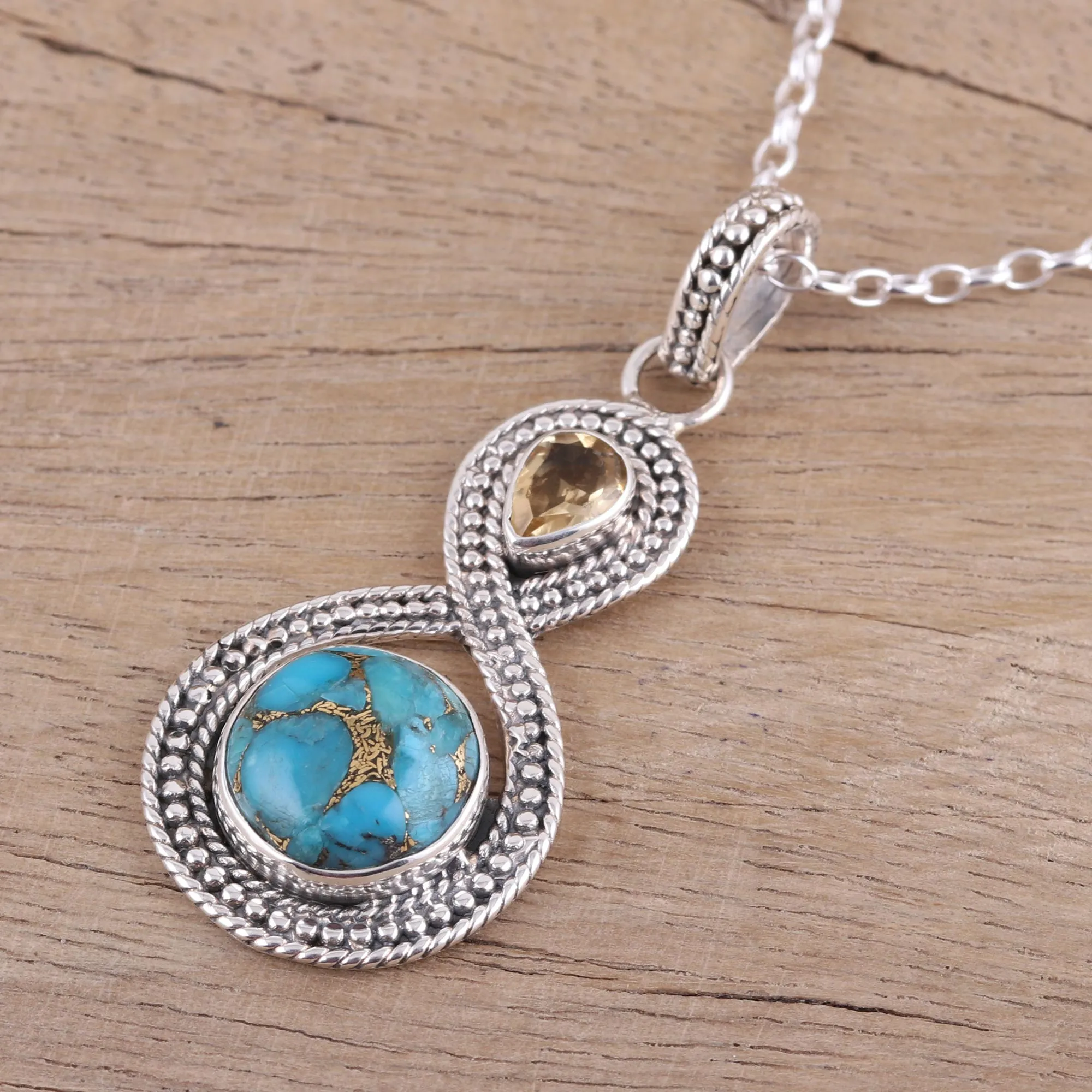 Dazzling Infinity Indian Citrine and Composite Turquoise Pendant Necklace