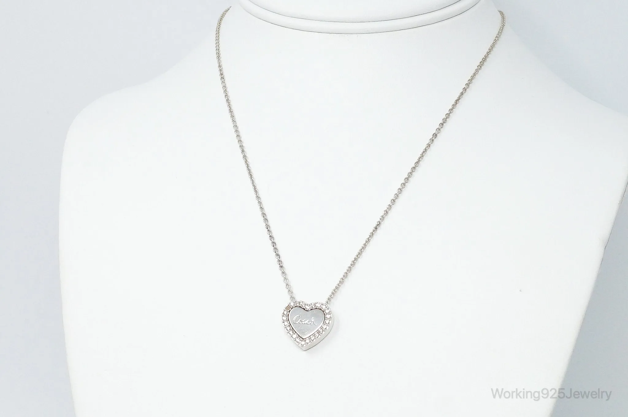 Designer COACH Crystal Heart Sterling Silver Necklace