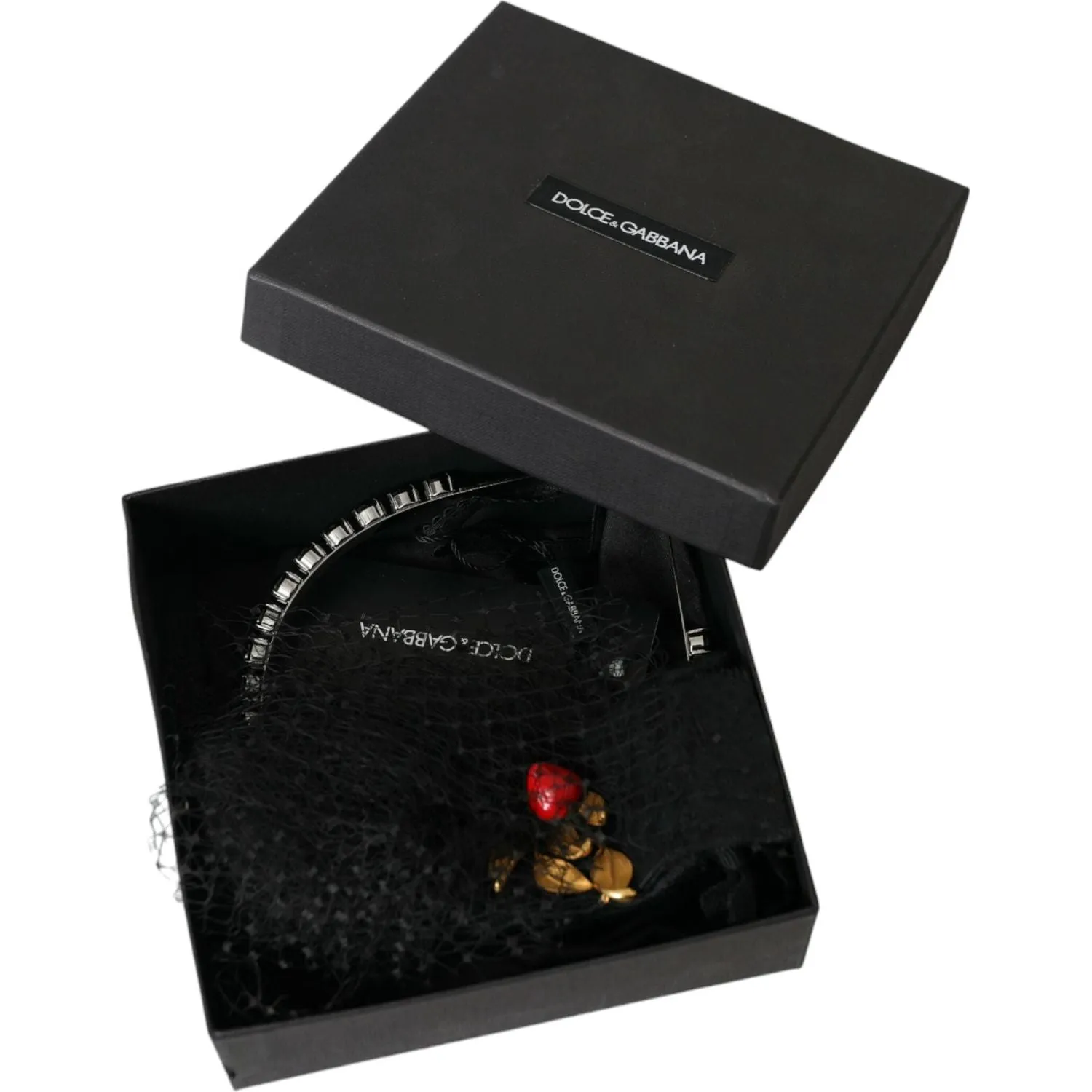 Dolce & Gabbana Black Strawberry Sicily Crystal Mesh Net Headband Diadem