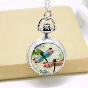 Dragonflies Enamel Mini Pocket Watch Necklace For Woman