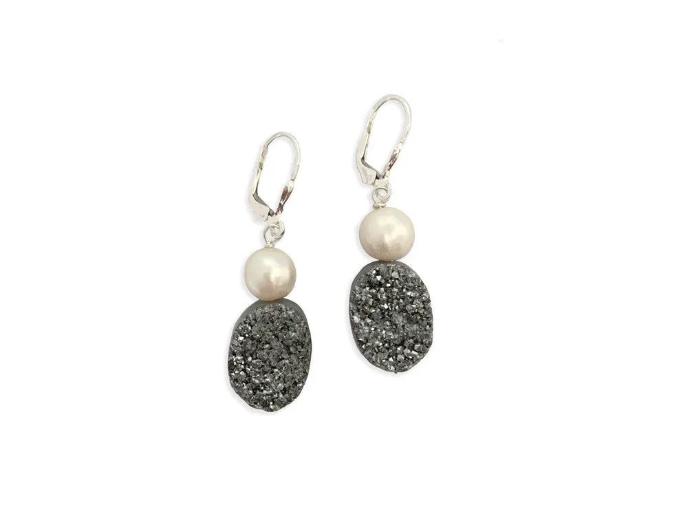 Druzy Quartz Pearl Earrings