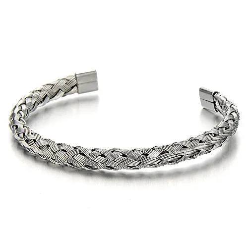 Elastic Adjustable Stainless Steel Braided Interwoven Cable Bangle Bracelet for Men Women Polished