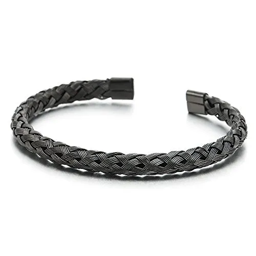 Elastic Adjustable Stainless Steel Braided Interwoven Cable Bangle Bracelet for Men Women Polished