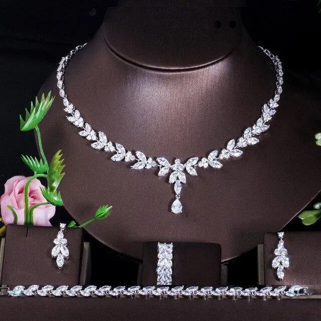 Elegant Big Leaf Drop High Quality AAAA  CZ Diamonds 4 Piece Wedding Bridal Jewelry Set