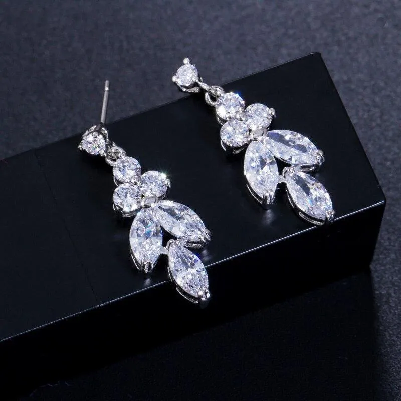 Elegant Big Leaf Drop High Quality AAAA  CZ Diamonds 4 Piece Wedding Bridal Jewelry Set