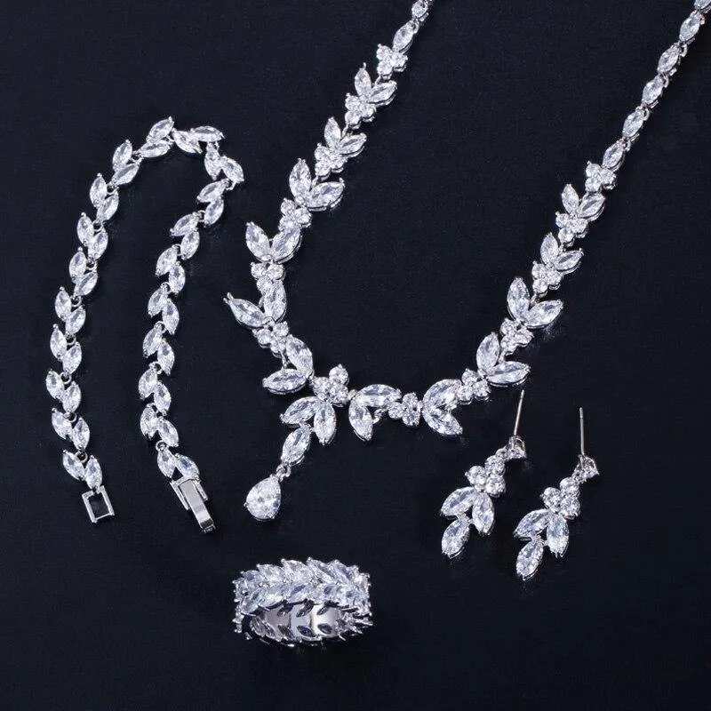 Elegant Big Leaf Drop High Quality AAAA  CZ Diamonds 4 Piece Wedding Bridal Jewelry Set