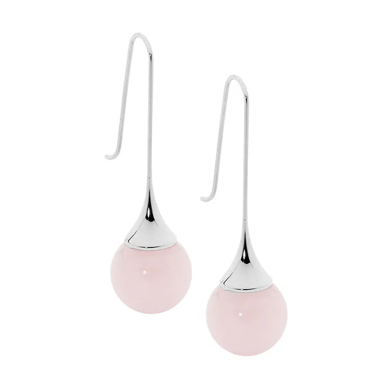 Ellani Stainless Steel Drop Earrings With Rose Quartz Ball