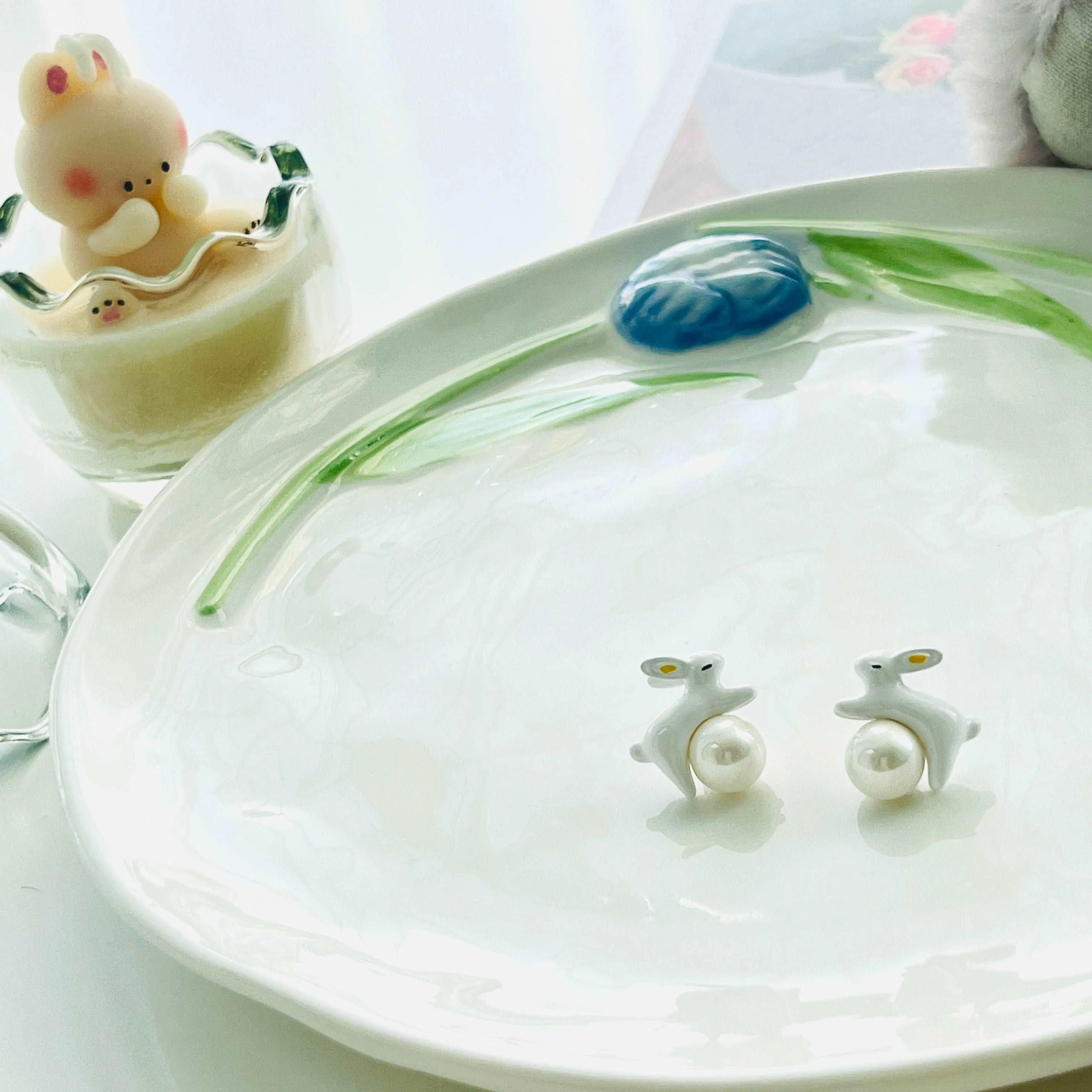 Enamel White Rabbit Pearl Stud Earrings ( Low Inventory Back in Stock)