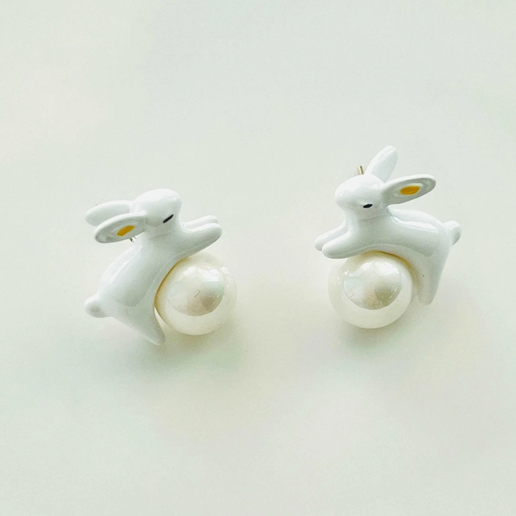 Enamel White Rabbit Pearl Stud Earrings ( Low Inventory Back in Stock)