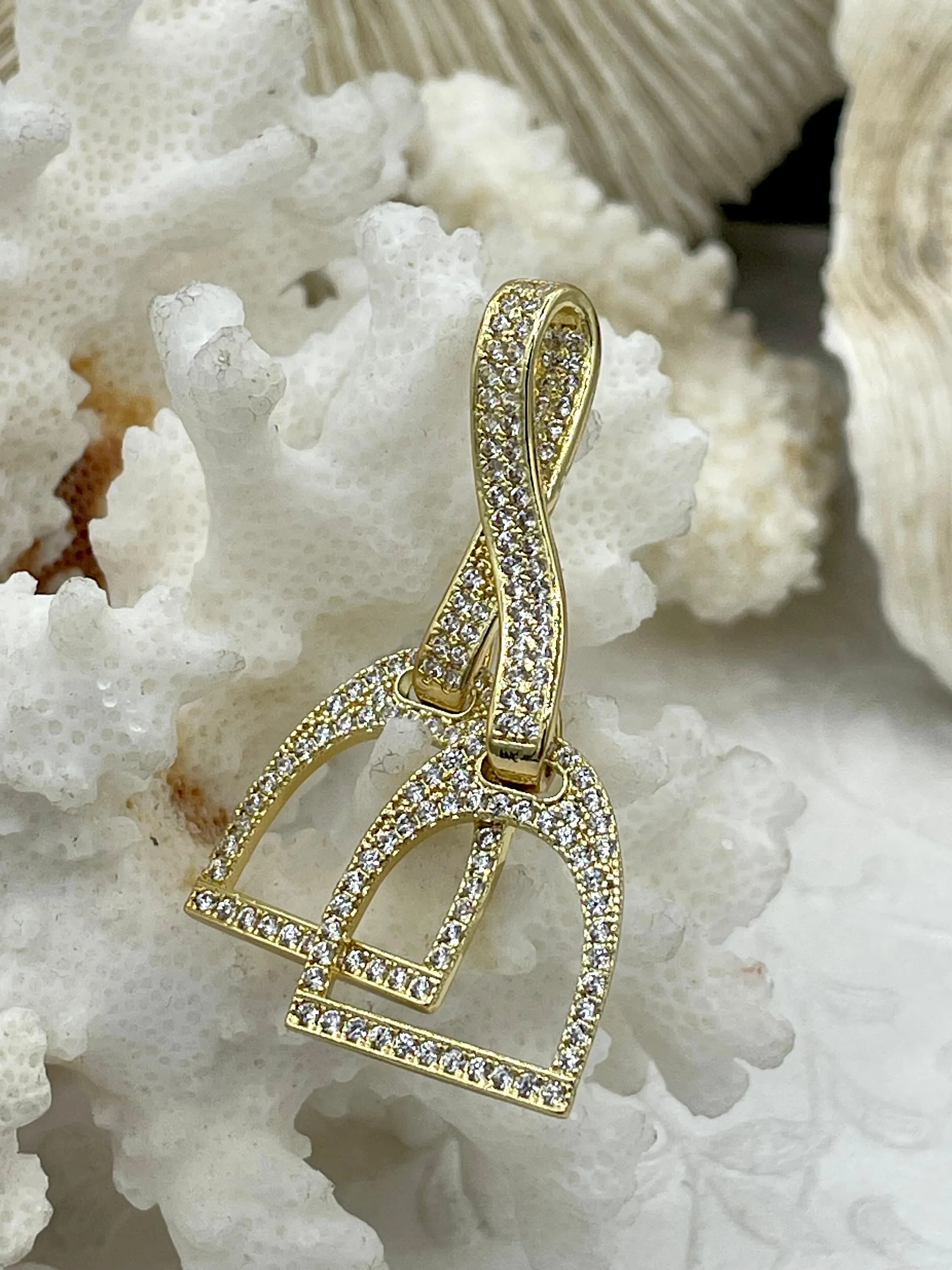 Equestrian Stirrup Pendant High Quality Brass with CZ ,Cubic Zirconia Pendant, Stirrup Charm, Equestrian Charm Horses ,2 Finishes Fast Ship