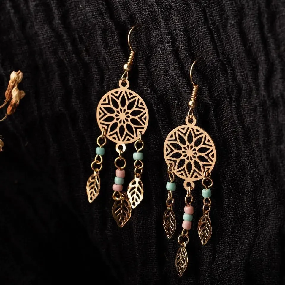 Ethnic Golden Leaf Drop Earrings