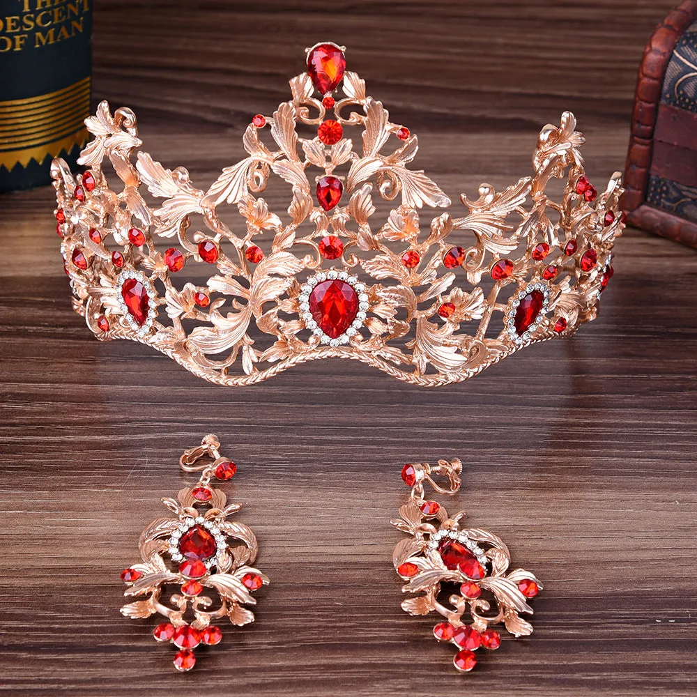 European style bridal jewelry retro noble gold multi-rhinestone Baroque large crown tiara earrings set of two