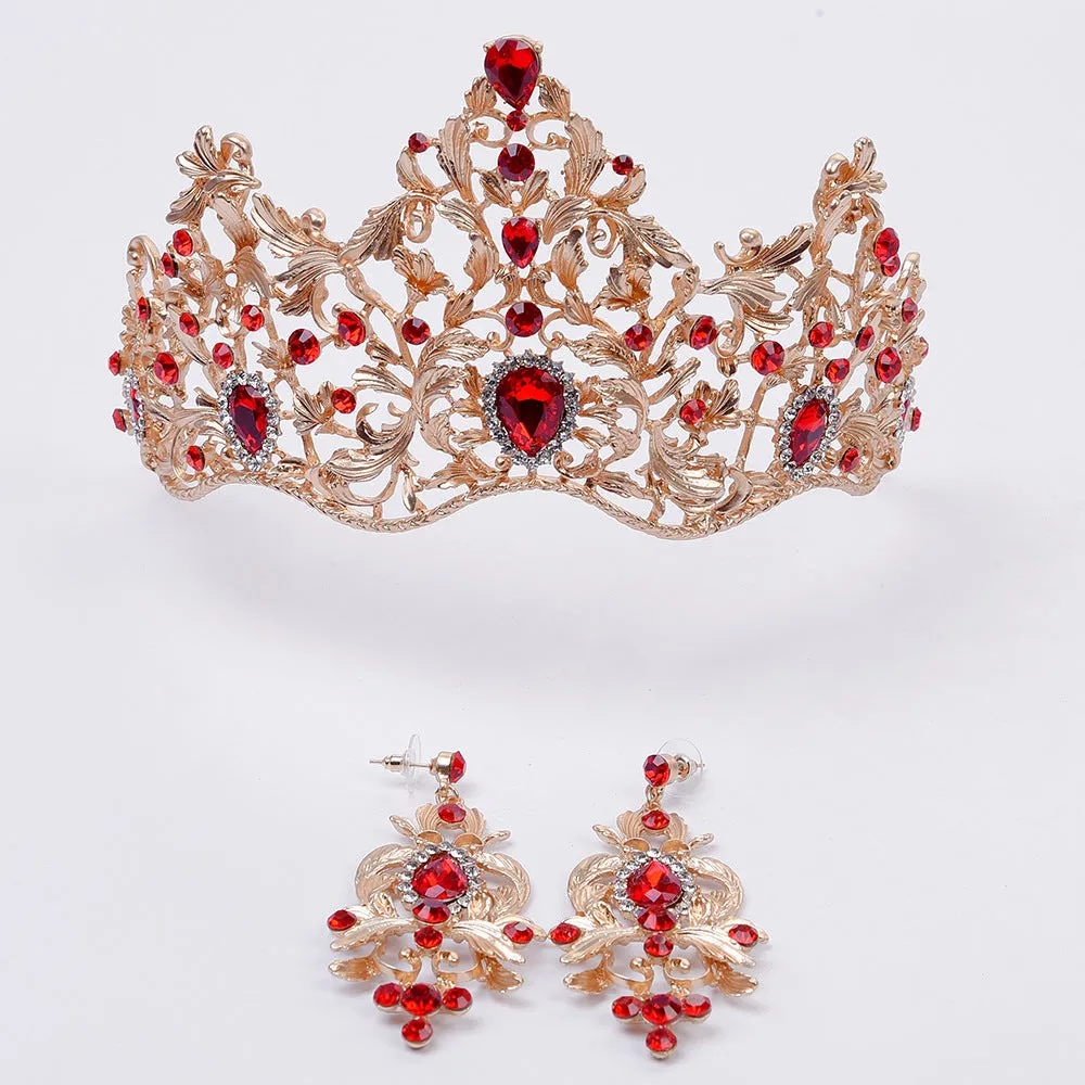 European style bridal jewelry retro noble gold multi-rhinestone Baroque large crown tiara earrings set of two