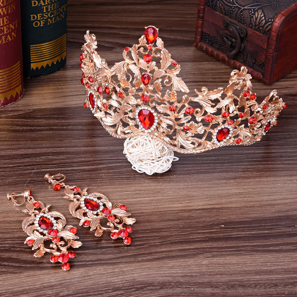 European style bridal jewelry retro noble gold multi-rhinestone Baroque large crown tiara earrings set of two