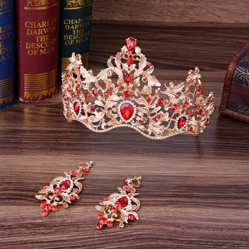 European style bridal jewelry retro noble gold multi-rhinestone Baroque large crown tiara earrings set of two