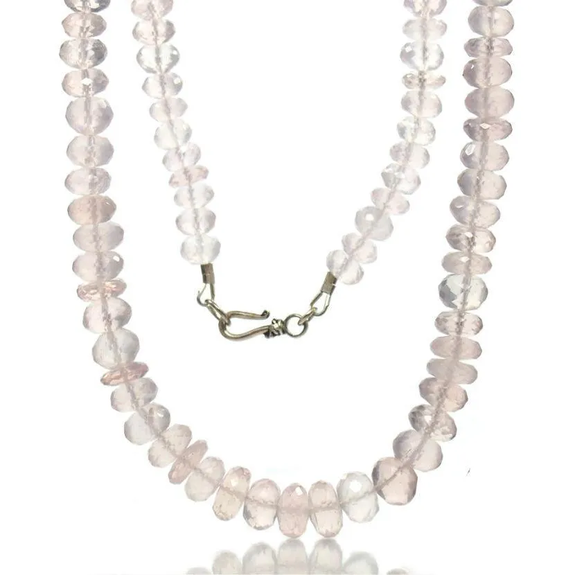 Faceted Rose Quartz Rondelle Necklace with Sterling Silver Hook Clasp