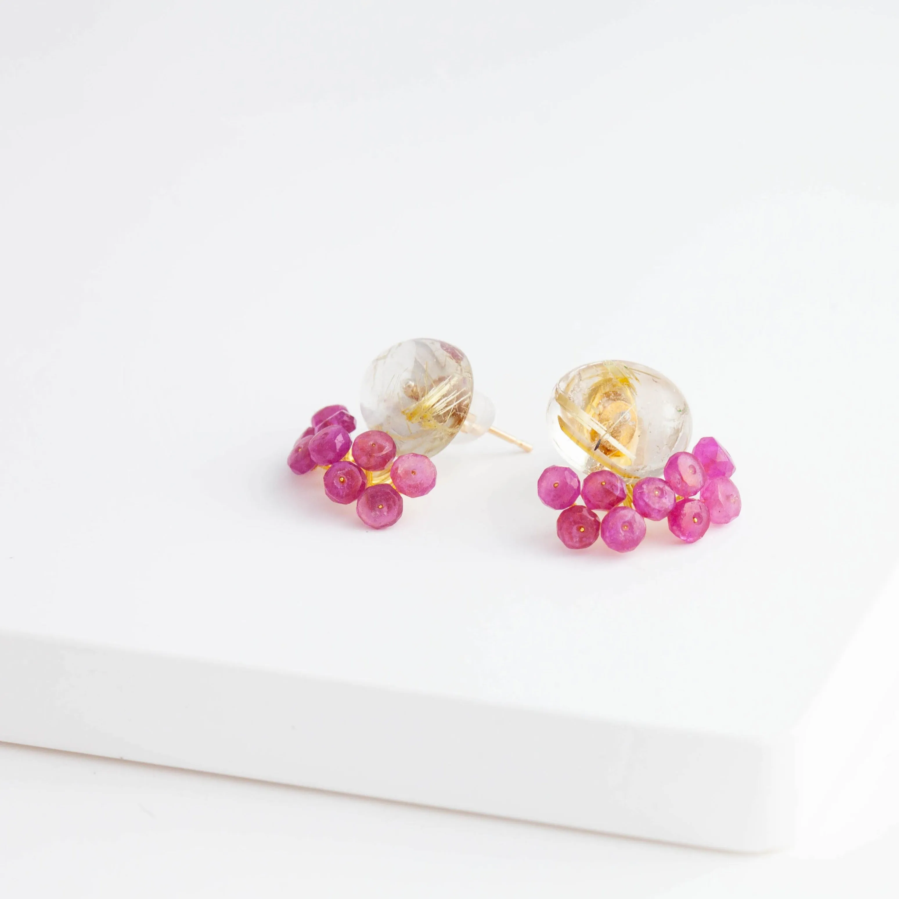 Fairy oval rutilated quartz and pink sapphire earrings