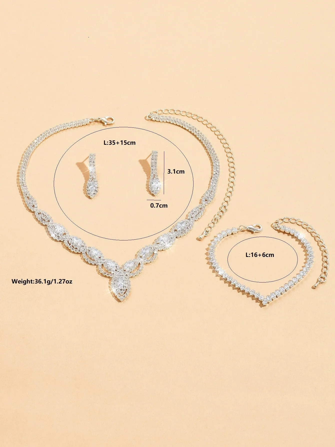 Fashion Cubic Zirconia Necklace Earrings Stud Bracelet Three Piece Wedding Jewelry Set