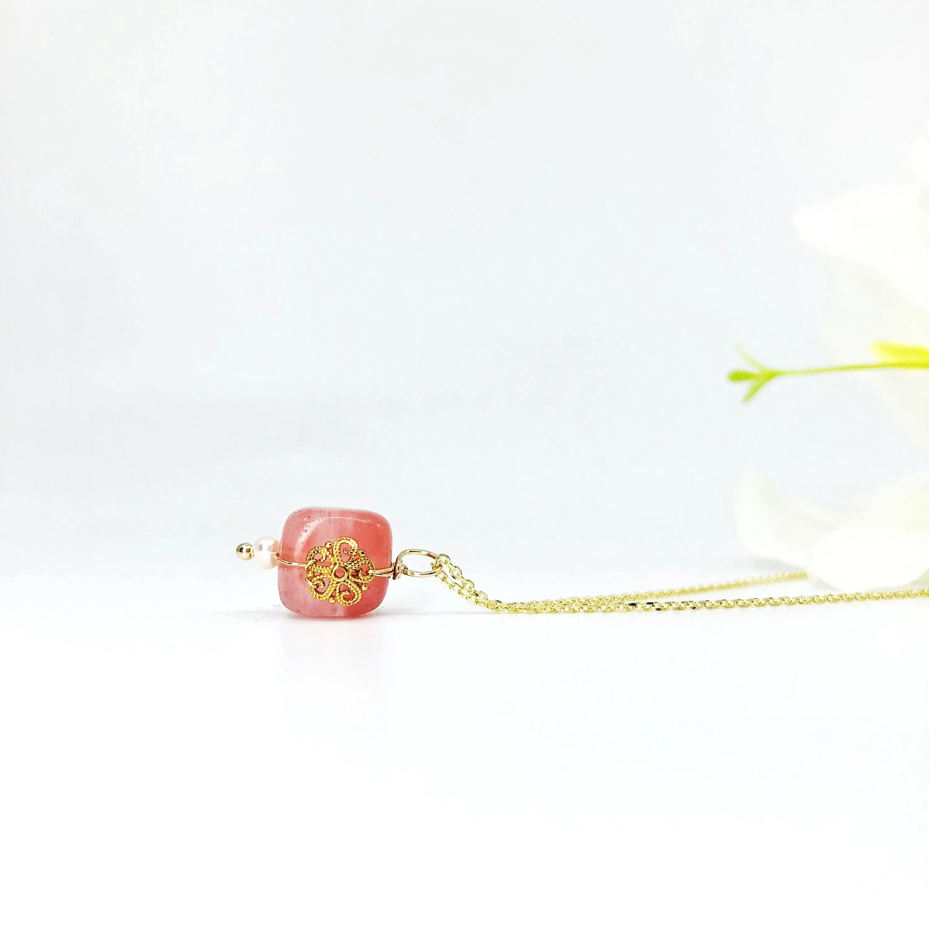 Filigree Flower Strawberry Quartz Necklace