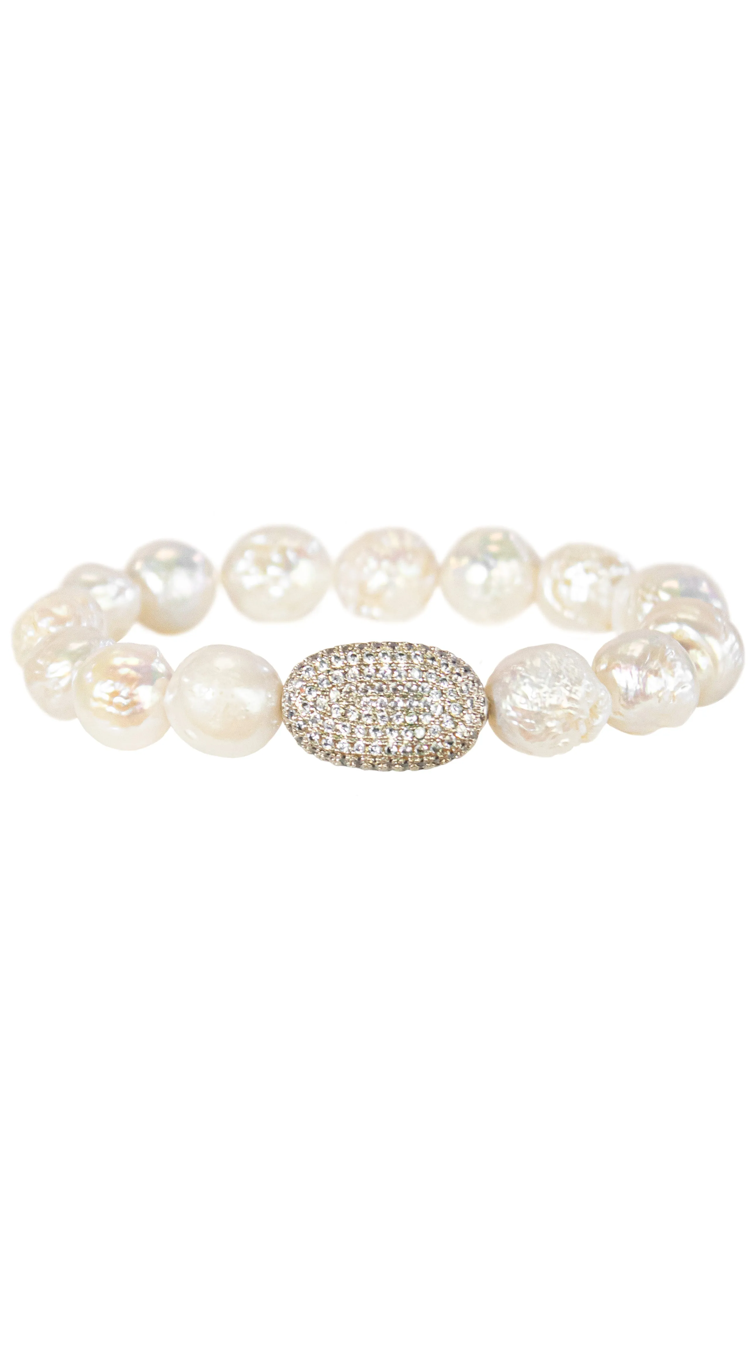 Freshwater Baroque Pearl with Zirconia Silver Bead Bracelet