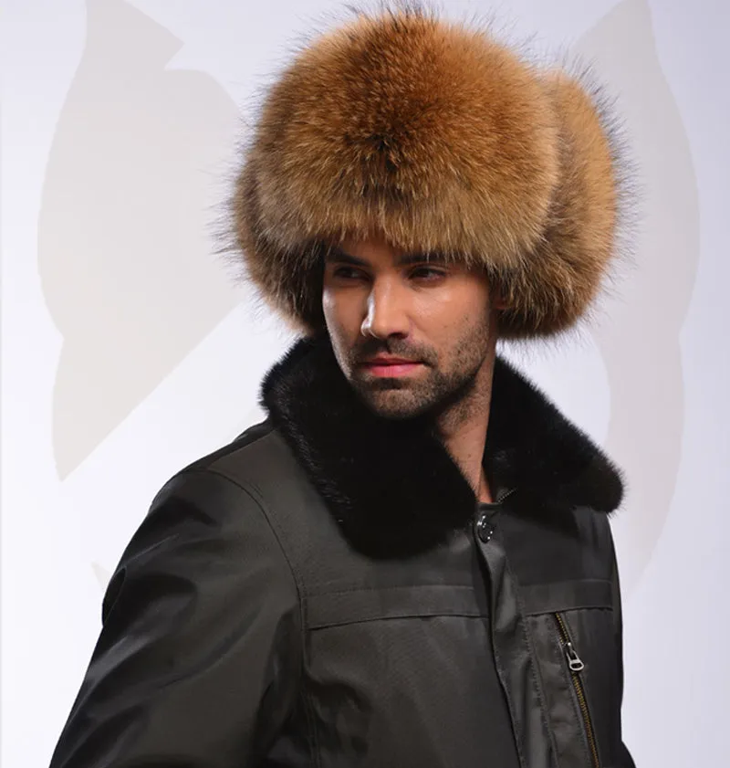 FUR STORY Men's Leather Hat Fur Trapper Hat with Sheepskin Earflap Fur Bomber Hat Winter Hat 14635