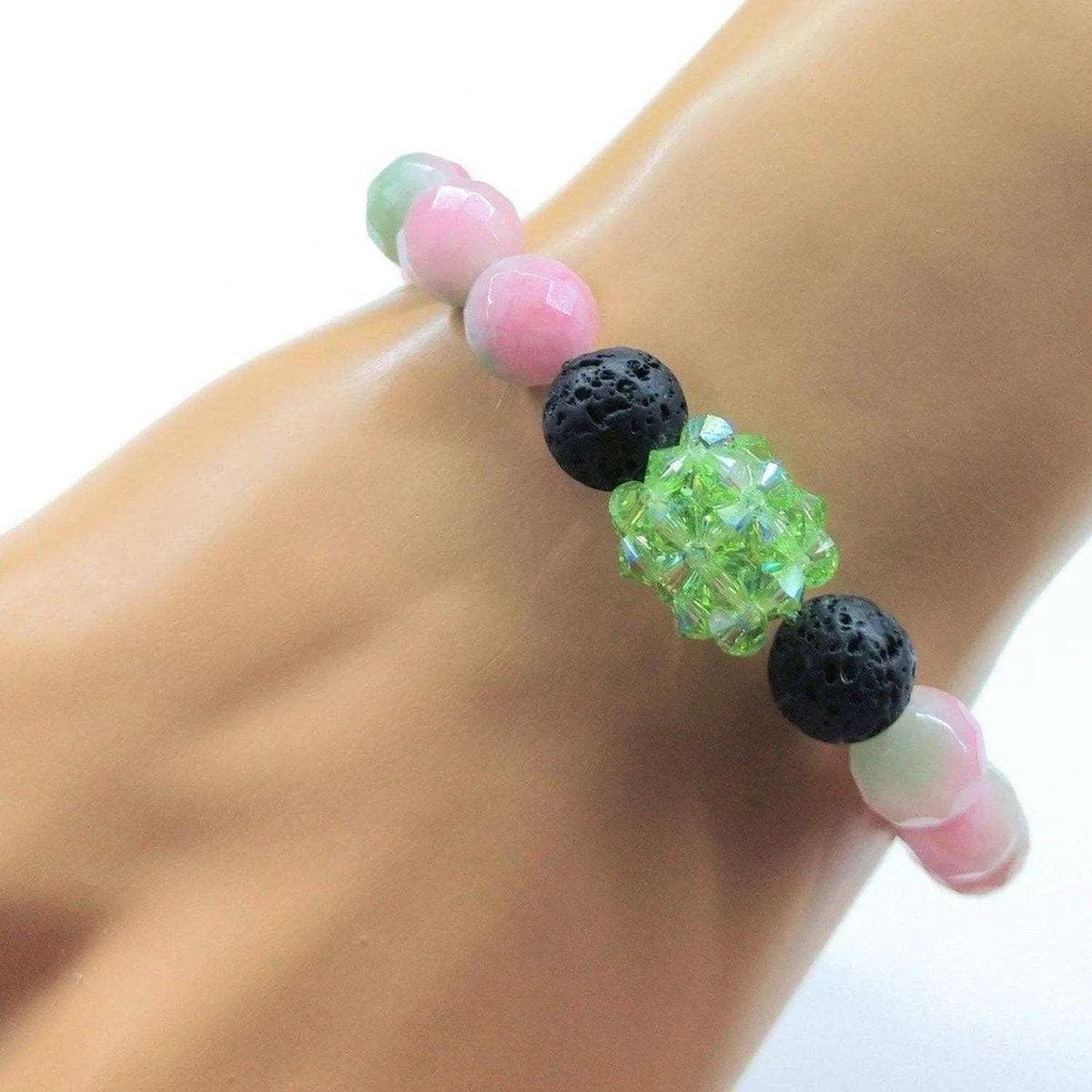 Gem Packed Watermelon Jade Crystal Lava Rock Bracelet