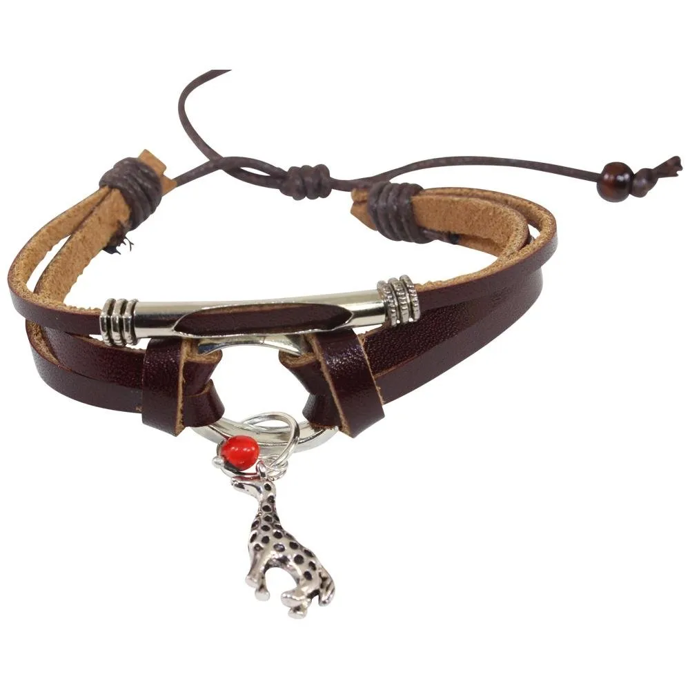 Giraffe Charm Adjustable  Leather Bracelet for Women w/Huayruro Seed