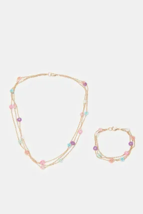 Girls Gold Floral Pearls Necklace & Bracelet Set (2 Piece)