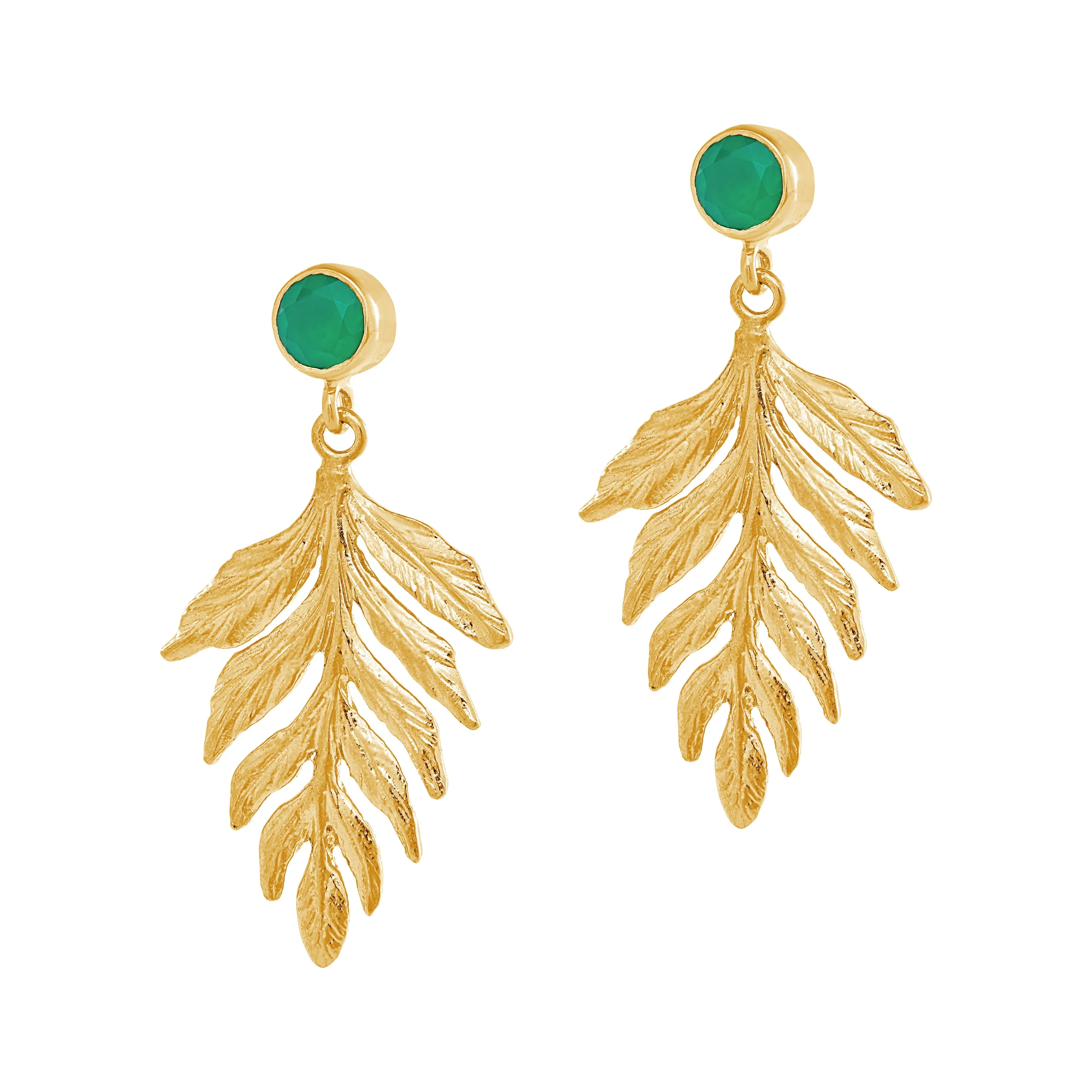 Gold Green Agate Fern Earrings