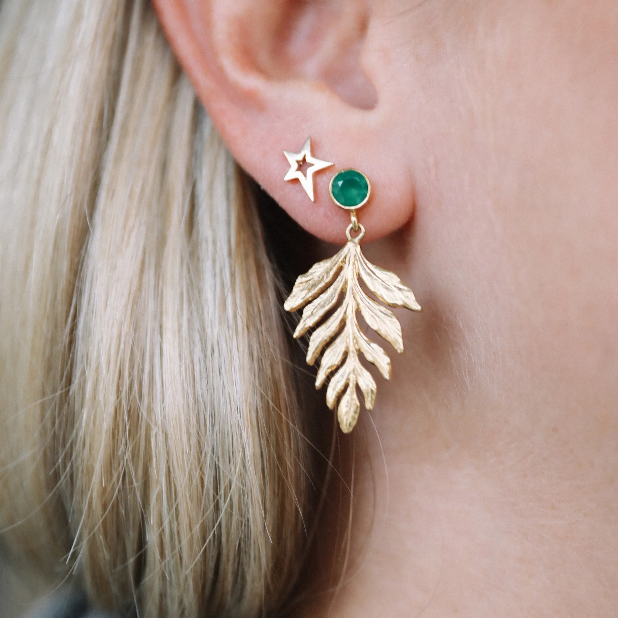 Gold Green Agate Fern Earrings