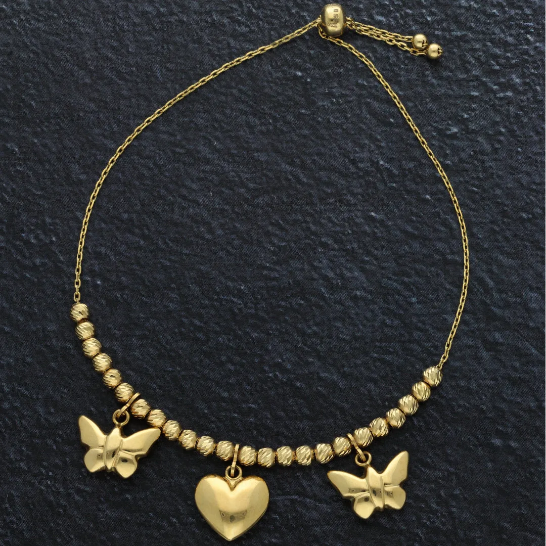 Gold Hanging Heart & Butterfly Shaped Bracelet 18KT - FKJBRL18K9426