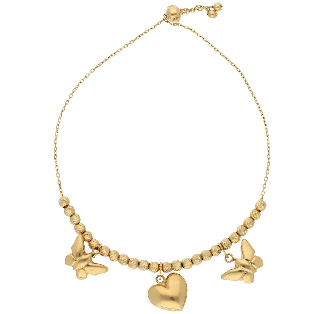 Gold Hanging Heart & Butterfly Shaped Bracelet 18KT - FKJBRL18K9426