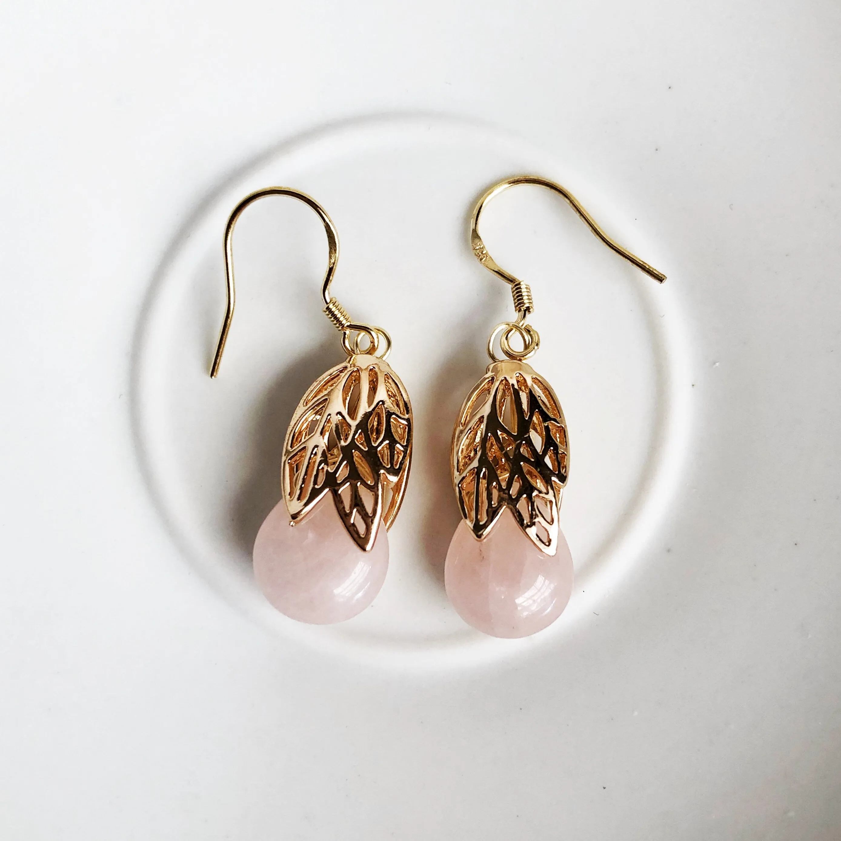 Gold Leaf Rose Quartz Earrings