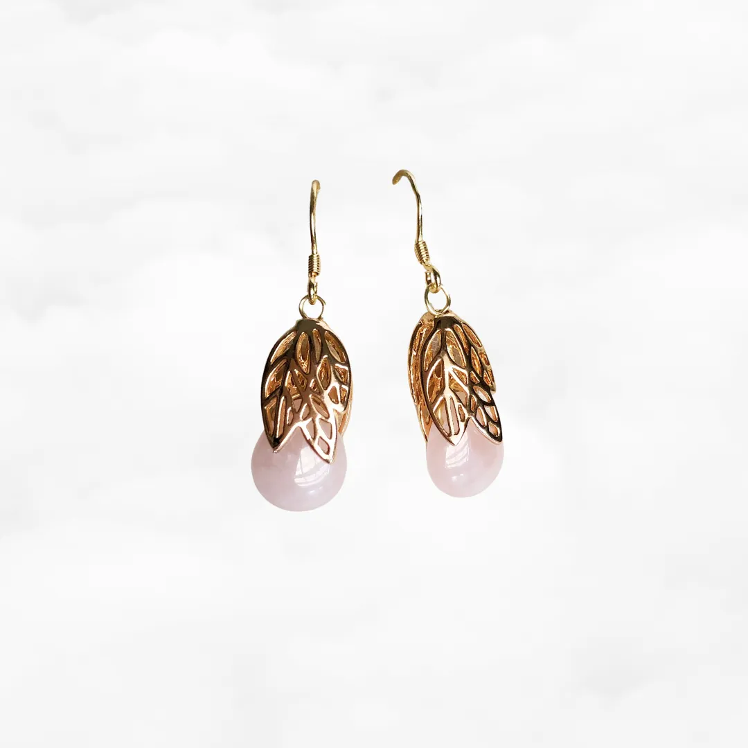 Gold Leaf Rose Quartz Earrings