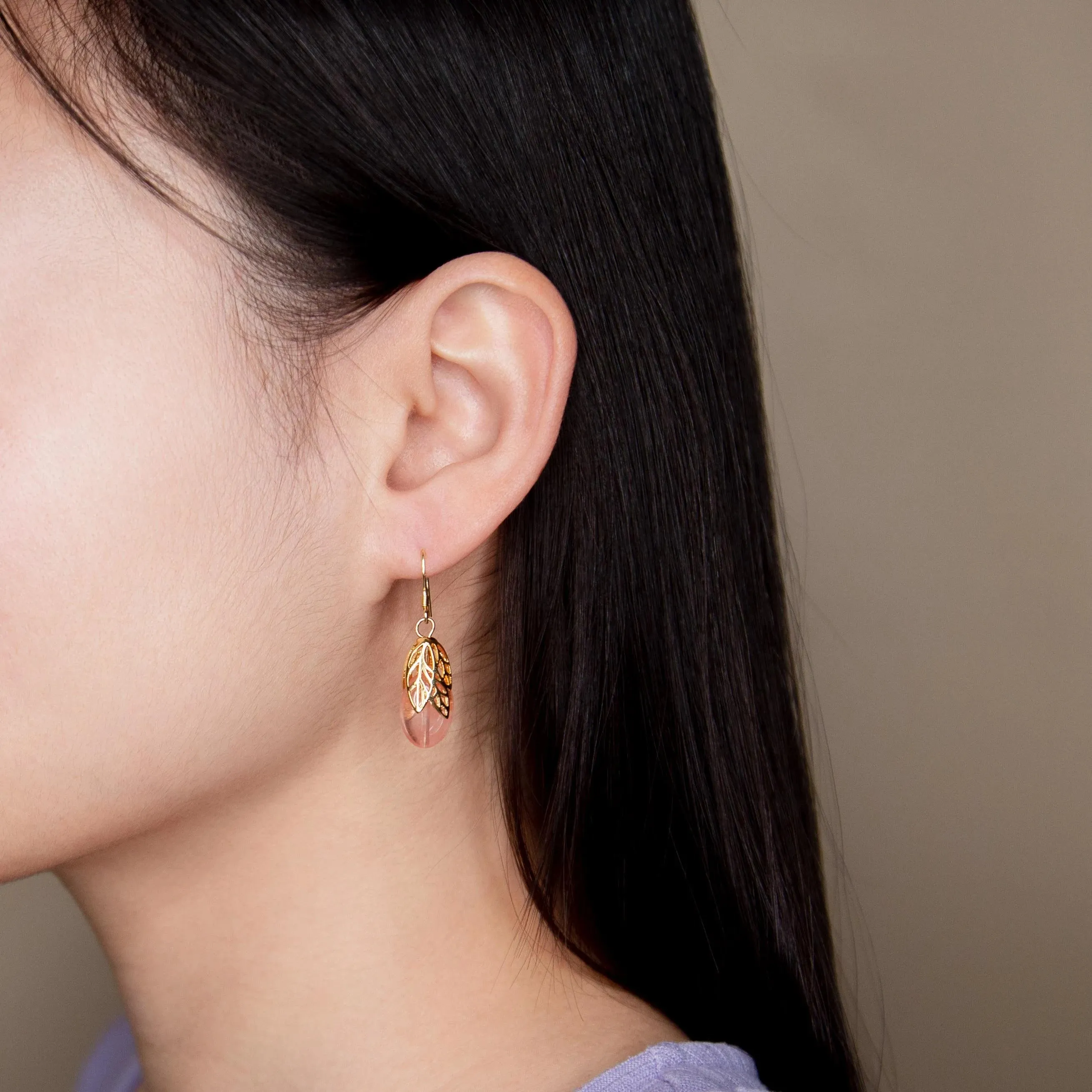 Gold Leaf Strawberry Quartz Earrings