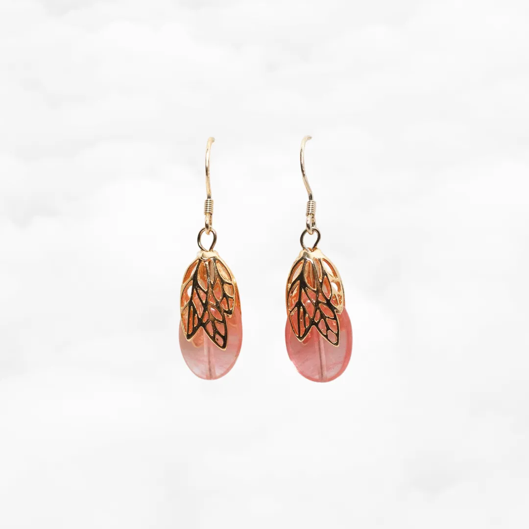 Gold Leaf Strawberry Quartz Earrings