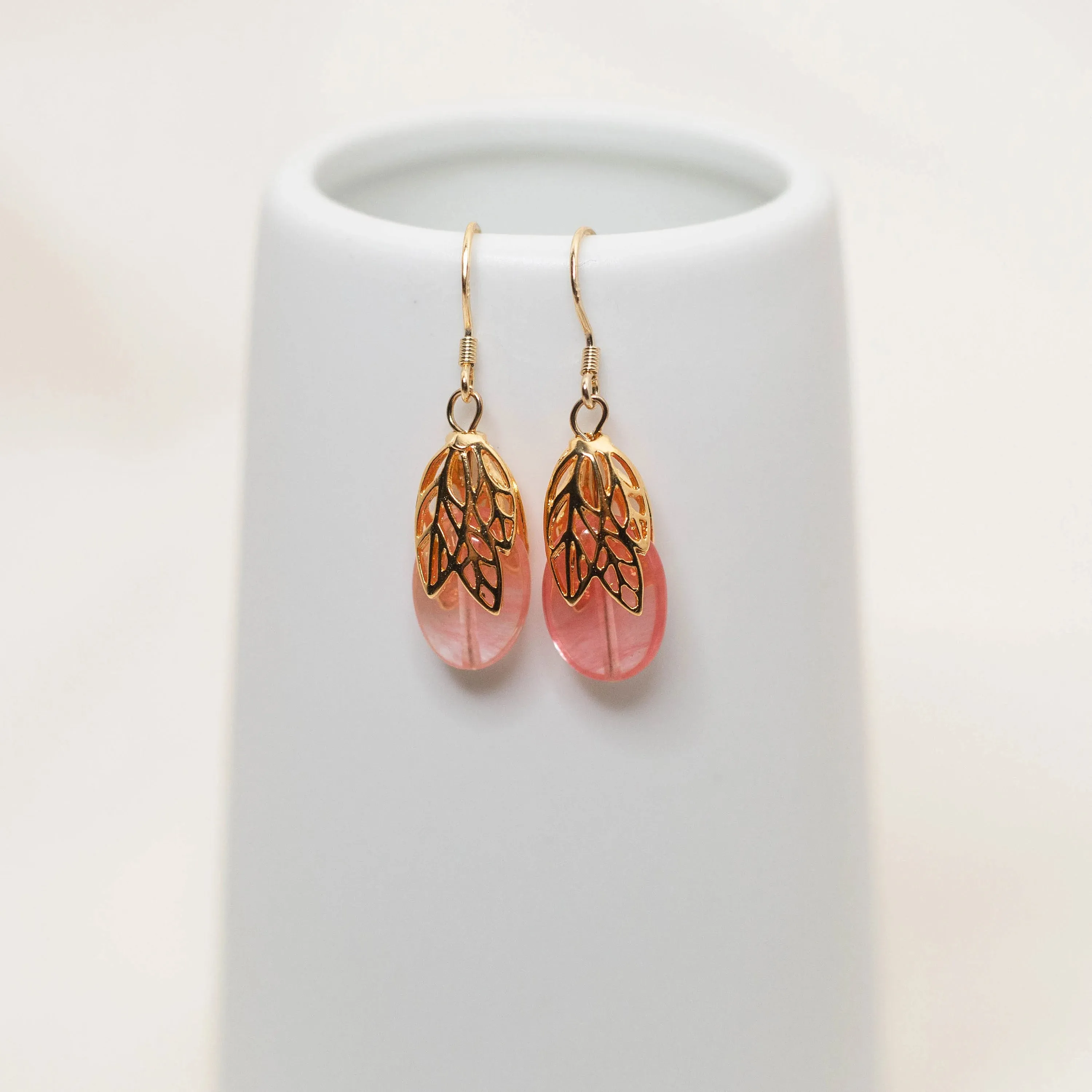 Gold Leaf Strawberry Quartz Earrings