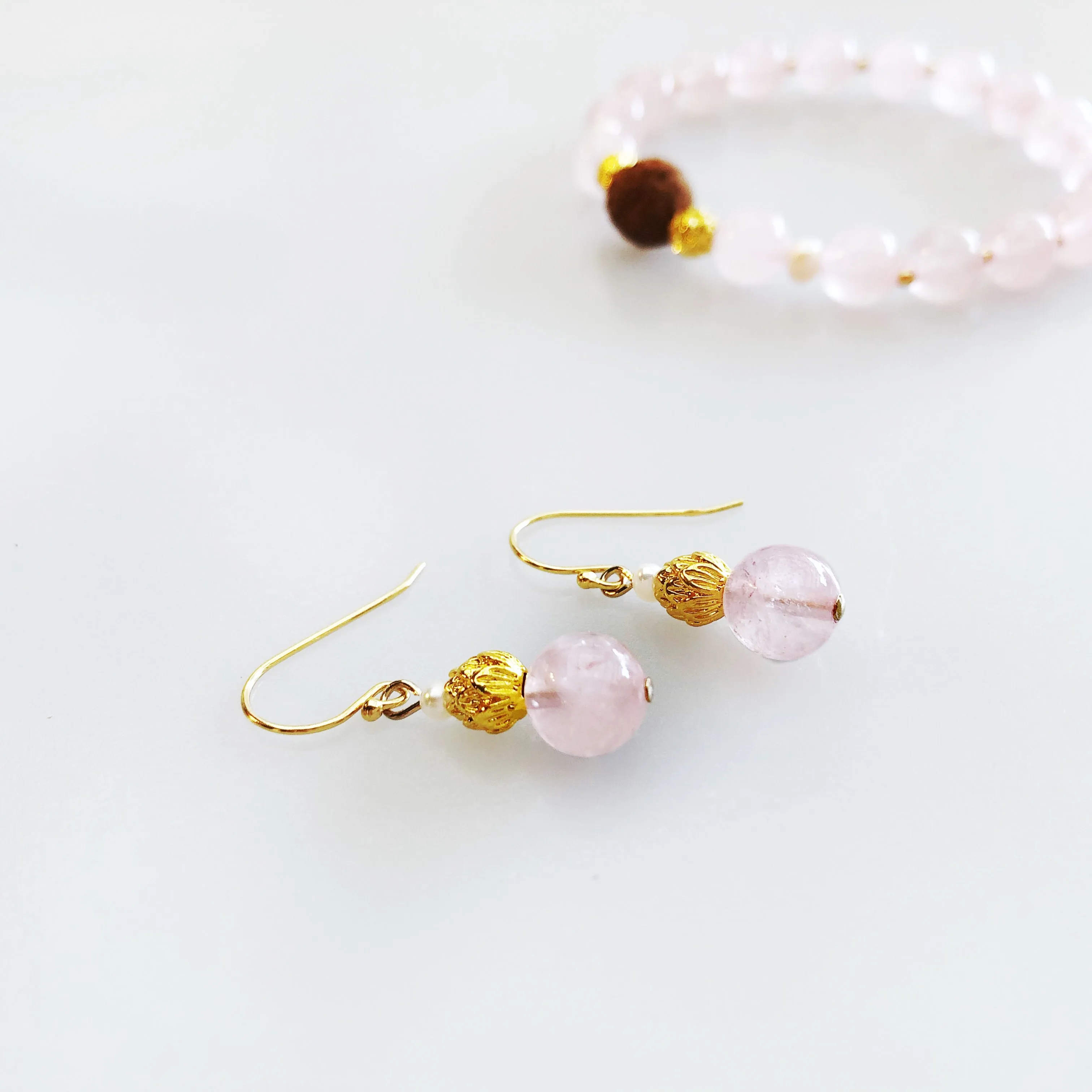 Gold Lotus Rose Quartz Earrings