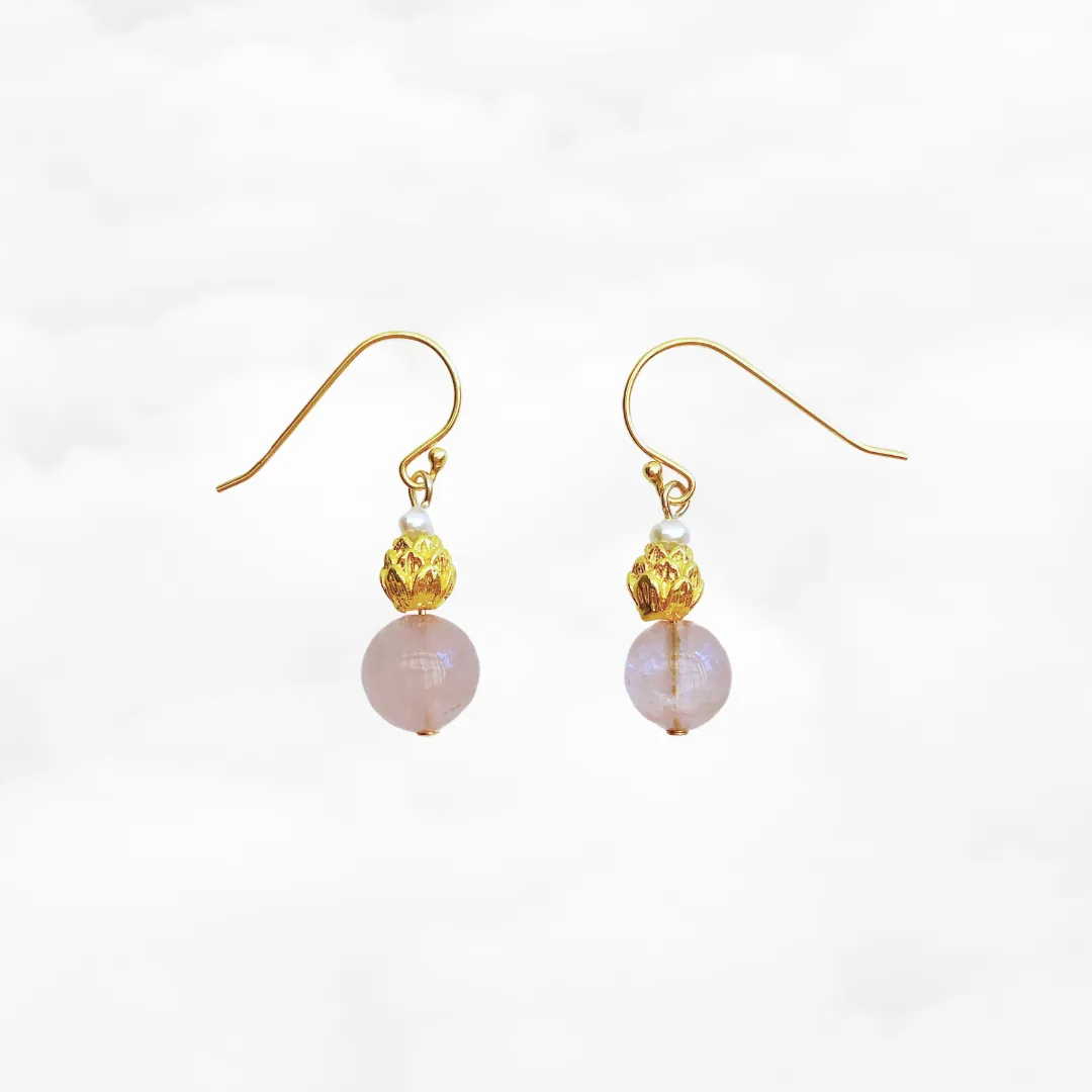 Gold Lotus Rose Quartz Earrings