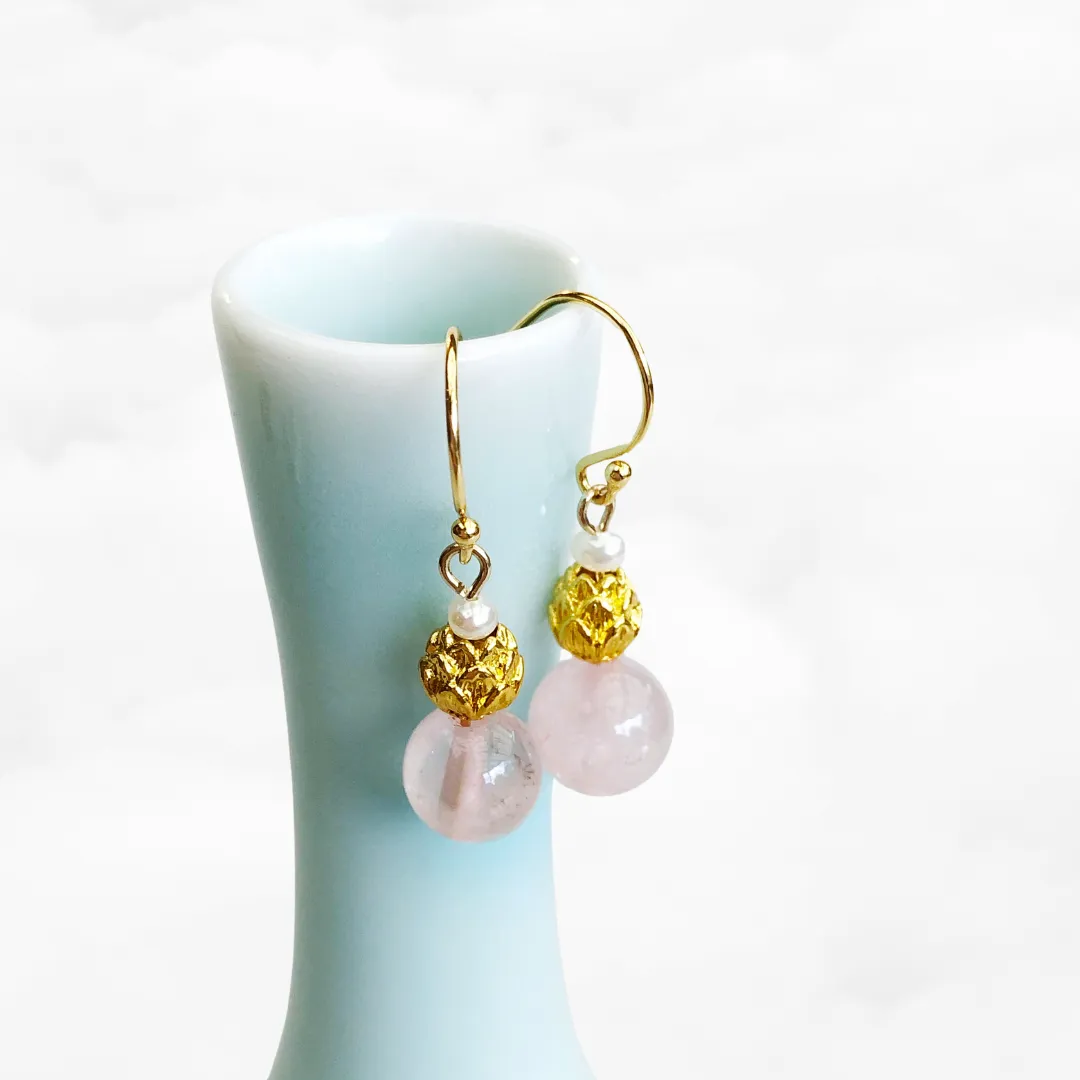 Gold Lotus Rose Quartz Earrings