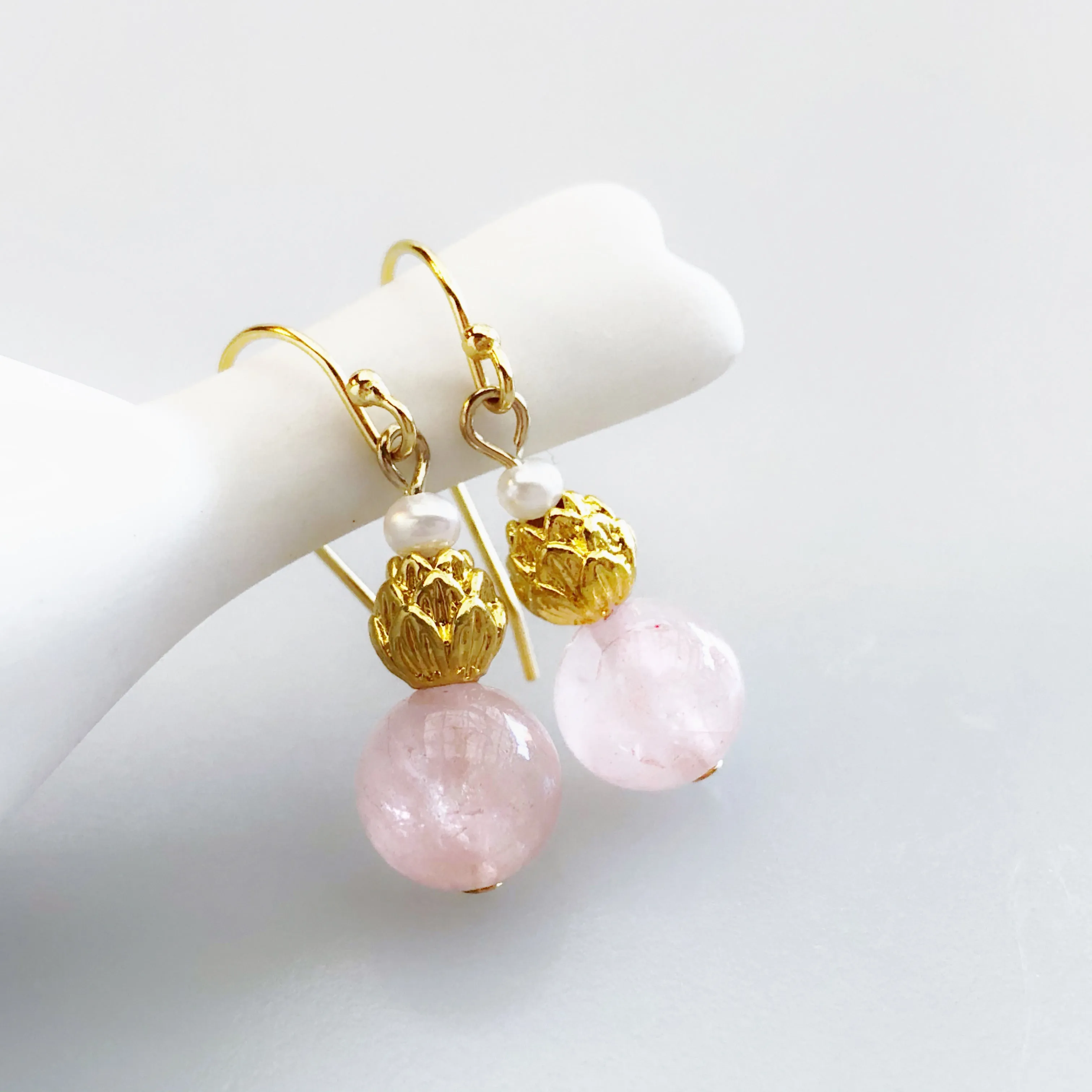 Gold Lotus Rose Quartz Earrings