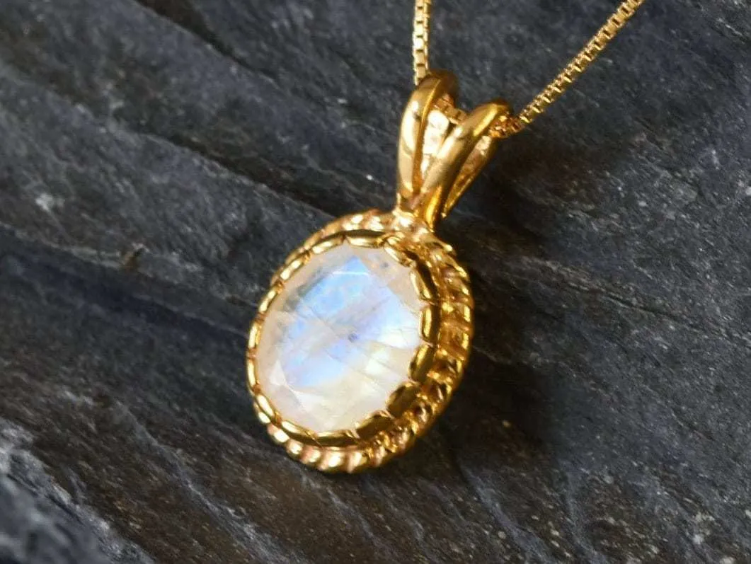 Gold Moonstone Pendant - Natural Rainbow Moonstone Necklace, Vintage Gold Pendant