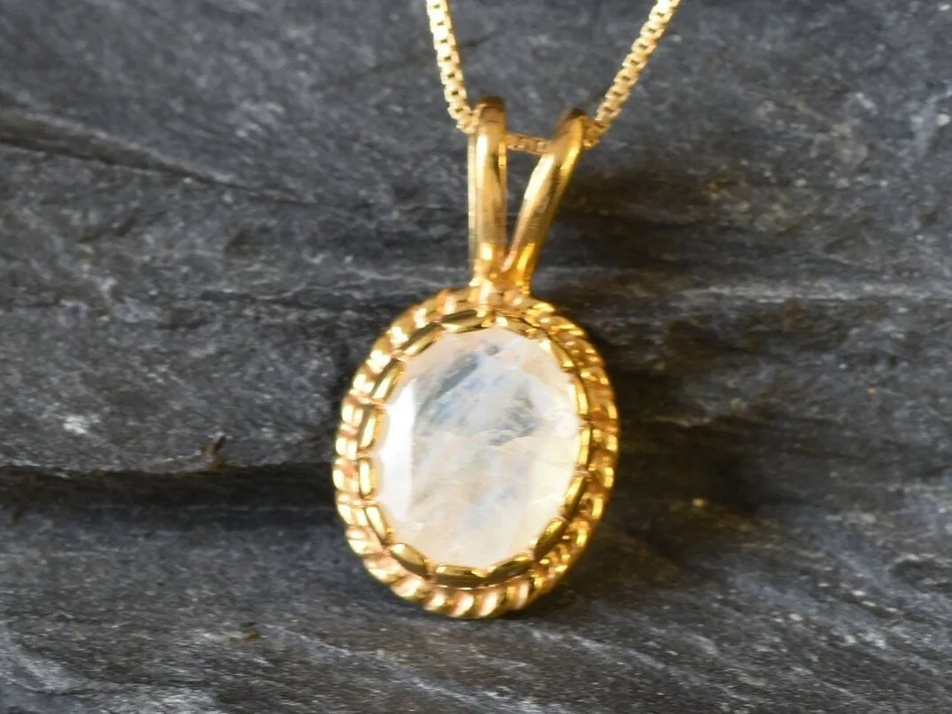 Gold Moonstone Pendant - Natural Rainbow Moonstone Necklace, Vintage Gold Pendant