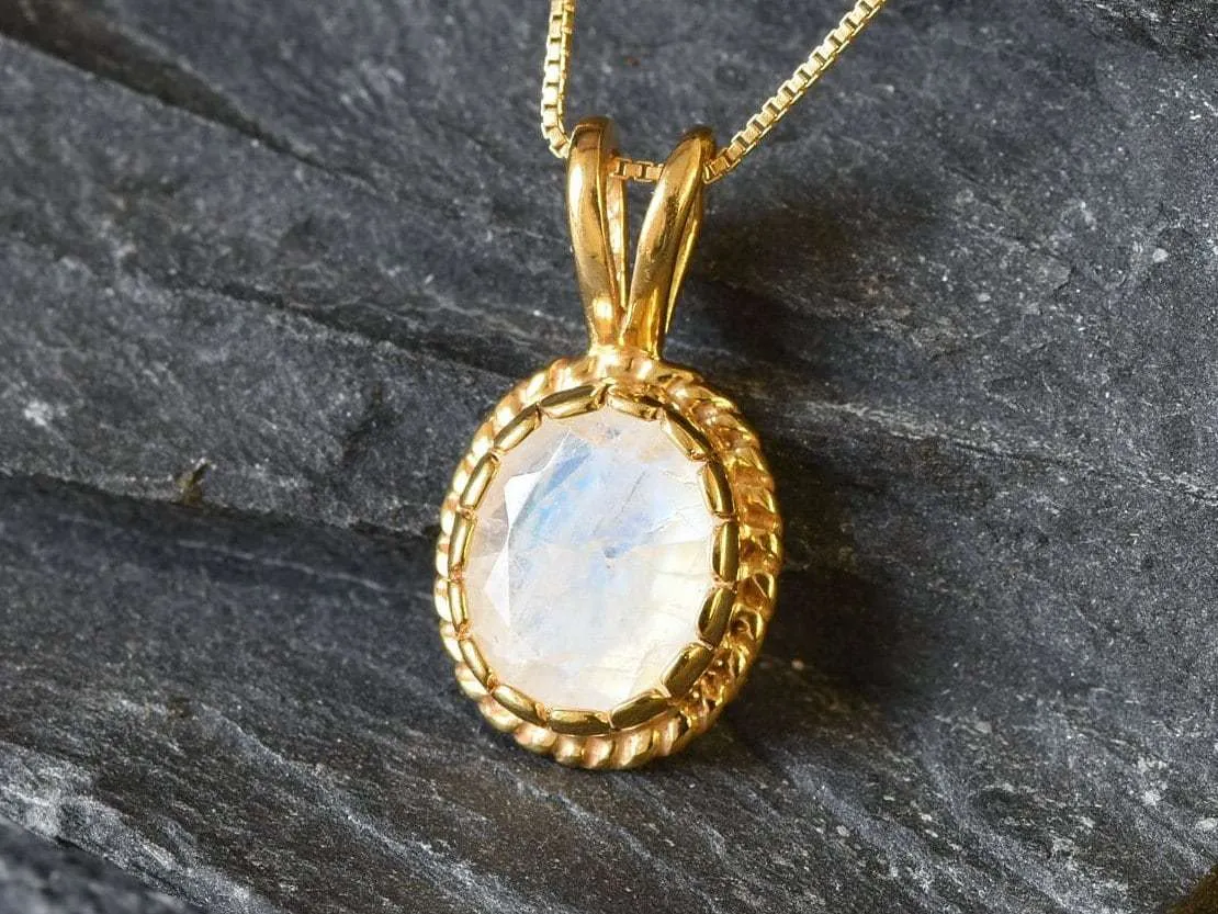 Gold Moonstone Pendant - Natural Rainbow Moonstone Necklace, Vintage Gold Pendant