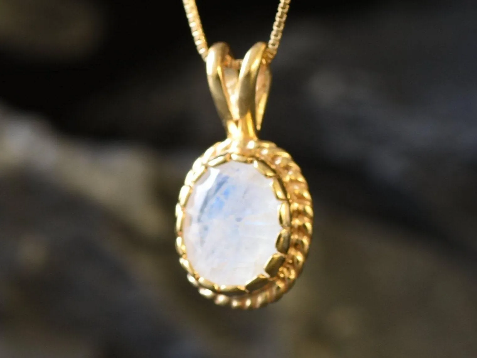 Gold Moonstone Pendant - Natural Rainbow Moonstone Necklace, Vintage Gold Pendant