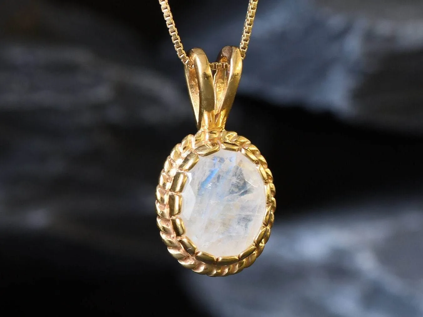 Gold Moonstone Pendant - Natural Rainbow Moonstone Necklace, Vintage Gold Pendant